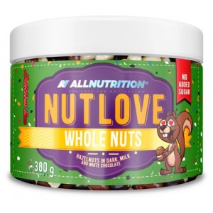 NUTLOVE WHOLE NUTS AVELLANAS CON CHOCOLATE NEGRO, CON LECHE Y BLANCO 300 GR